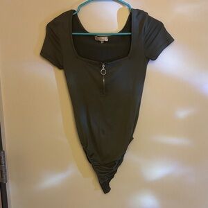 Stella Tweed Olive Bodysuit with Zipper Accent